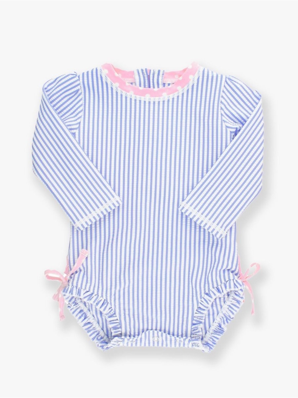Ruffle Butts Girls Blue & White Striped One-Piece Rash Guard Swimsuit Pink Trim